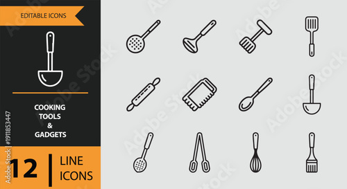 Cooking Tools and Gadgets. Essential Cooking Tools and Smart Kitchen Gadgets Outline Icons