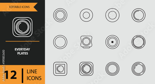 Everyday Plates. Daily Use Plates and Tableware Outline Icons