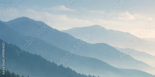 A misty morning view of mountain peaks and a forest valley enveloped in thick fog under a soft sunrise sky at dawn