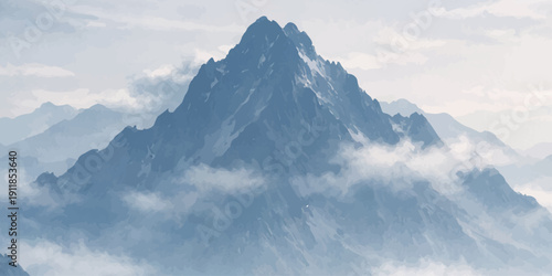 A breathtaking panorama of high snow peaks under a cloudy blue sky captures the natural beauty of a mountain landscape at sunset with sunlight piercing through the fog