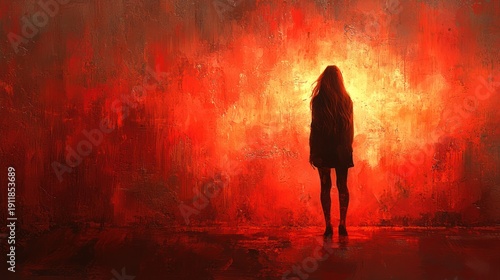 Silhouette of a person stands before a fiery red painted wall with a floor that reflects the color