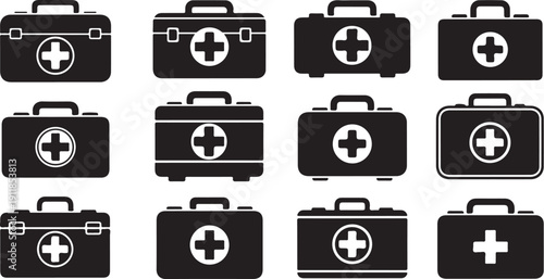 Various First Aid Kit Icons in Black and White