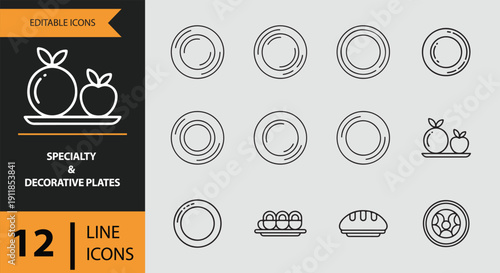 Specialty and Decorative Plates. Decorative and Specialty Plates Outline Icons