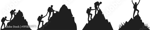 Silhouette of climbers helping each other to reach mountain peak, teamwork and leadership concept, hiking adventure success illustration, achievement goal motivation on white.