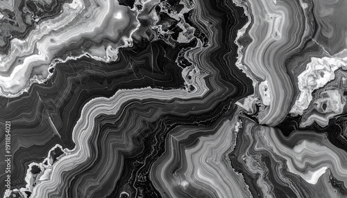 Monochromatic Marble Abstract: A striking abstract pattern created by the swirling veins and layers of black and white marble, showcasing organic curves and textures.