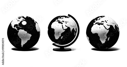 Black and white globe illustrations featuring different angles of earth