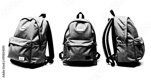 Monochrome backpack trio: front, side, rear views in black and white