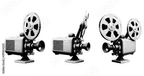 Vintage film projector trio with halftone effect in black and white