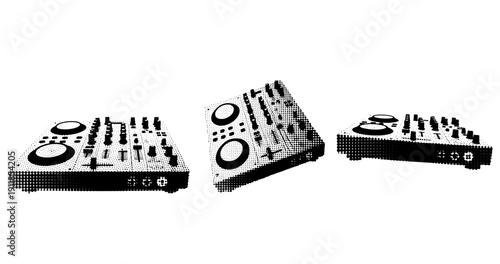 Halftone dj turntables and mixer in black and white pop art style