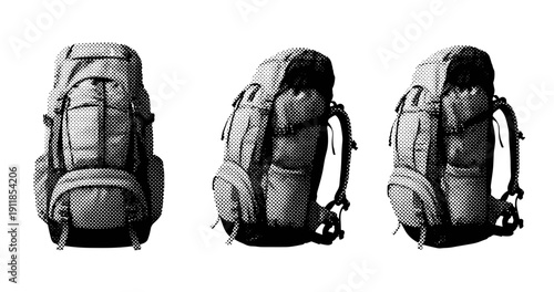 Monochrome halftone backpacks trio: vintage hiking gear design