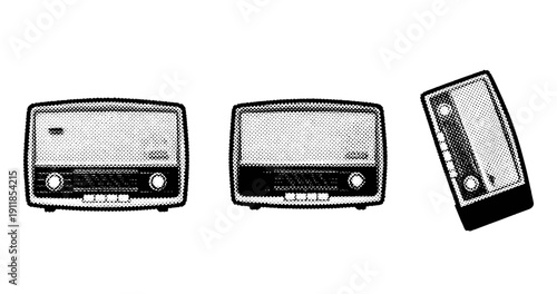 Retro radios and cassette player pop art design in black and white