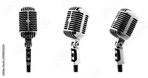 Vintage microphones in retro halftone style with white background