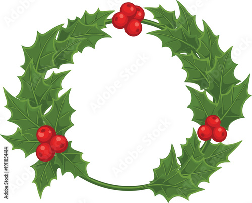 A circular arrangement of green holly leaves with red berries forming a wreath shape with a white center