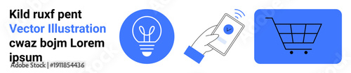 eCommerce, mobile payment, digital shopping, innovation, technology, creativity. A light bulb, a smartphone and a shopping cart with simple blue graphics. eCommerce and mobile payment concept