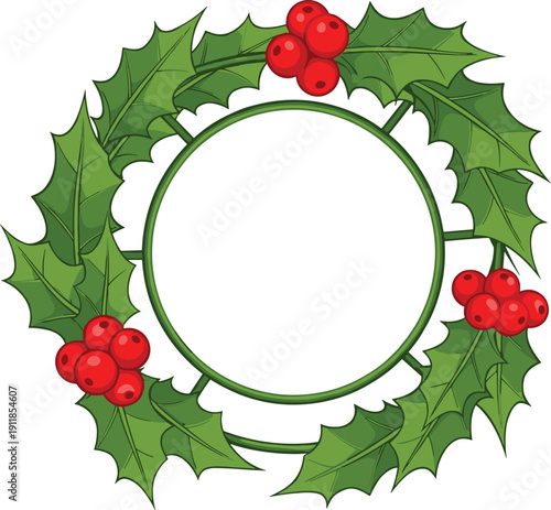 A circular wreath made of green holly leaves with red berries arranged in a symmetrical pattern around a blank center
