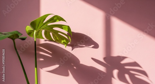 Monstera deliciosa leaf casting dramatic shadows on a soft pink wall, highlighting tropical plant beauty and natural light play.