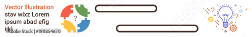 Problem solving, innovation, teamwork, brainstorming, education, creativity. A puzzle piece icon with a question mark and a glowing light bulb among gears and symbols. Problem solving and innovation