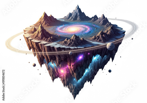 Vibrant floating island with galaxy and mountain landscape