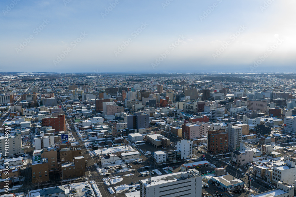 Fototapeta premium Winter Cityscape of Obihiro, Hokkaido, Japan under Cloudy Sky