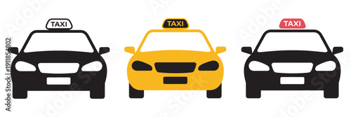 Stylized Taxi Vehicles, Yellow, Black, Pink Outlined Icons, Transportation Set, Urban Travel, City Cars, Vehicle Design Elements