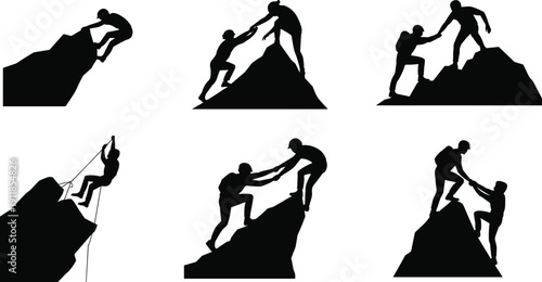 Silhouette set of climbers helping each other on mountain peak, teamwork and leadership concept, hiking adventure success illustration, support and motivation isolated on white.
