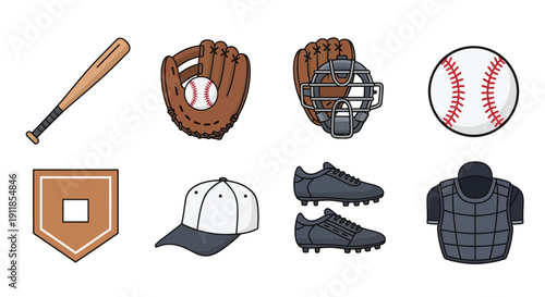 Baseball equipment collection bats gloves helmets and protective gear