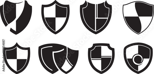 Set of black and white shield icons and symbols
