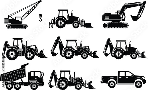 Black Silhouette Vector Set of Construction Heavy Machinery Including Excavators Bulldozers Loaders Dump Trucks and Pickup Trucks Isolated on White Background for Industrial Design