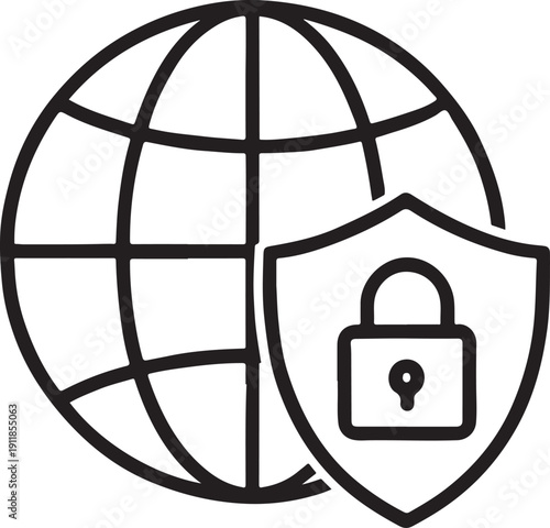 Globe with security shield and lock icon for secure global communication and corporate network