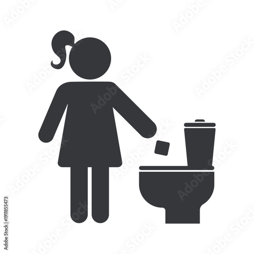 Isolated pictogram of woman throwing sanitary pad into toilet bowl prohibition sign maintain restroom hygiene cleanliness warning concept