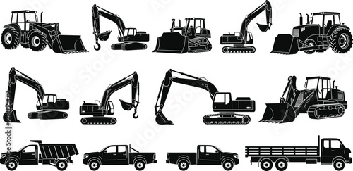 Black Silhouette Vector Set of Construction Heavy Machinery Including Excavators Bulldozers Loaders Dump Trucks and Pickup Trucks Isolated on White Background for Industry