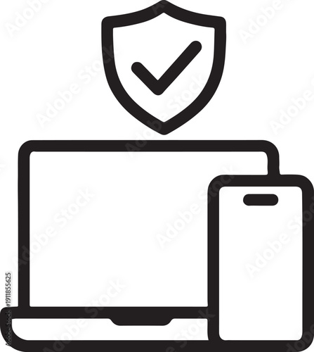 Laptop with security shield checkmark icon for professional cyber security and secure business data