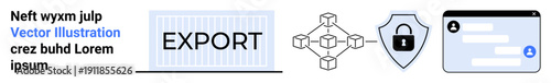 Blockchain security, digital data export, secure login, digital identity authentication, encryption, and transactional safety. Visuals include data export text, blockchain network, security shield