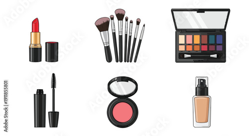 Colorful makeup set including lipstick brushes eyeshadow and foundation
