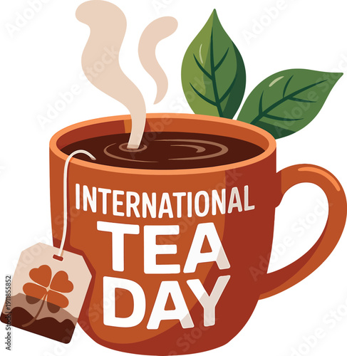International Tea Day with steaming tea cup and leaves steaming cup tea leaves