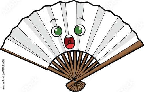 A white and brown decorative fan with green eyes and a red mouth in the center