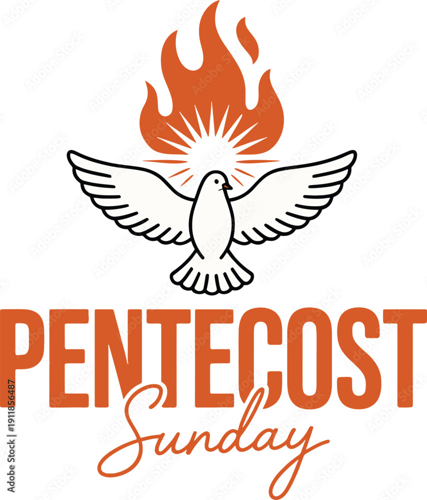 Fototapeta premium White dove with orange flame and sunburst on Pentecost Sunday