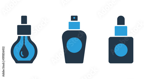 Cosmetic Product Bottles And Dropper Icons Vector Illustration, Perfume Bottle, Spray Bottle, And Serum Dropper Representing Beauty, Skincare, And Fragrance Design Concept.
