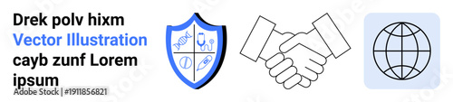 Business agreements, cybersecurity, global partnerships, trust, protection, networking. Blue shield with icons, handshake and globe. Security and business agreements for networking and global