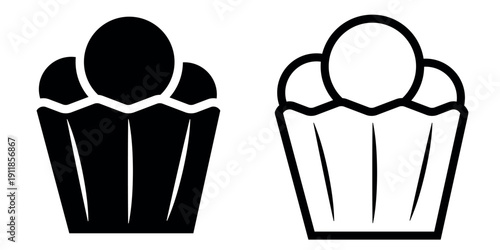 Cupcake and Muffi icon. Black or white silhouette dessert, isolated on white background. linear illustration, logo for bakery shop, hand drawn artwork