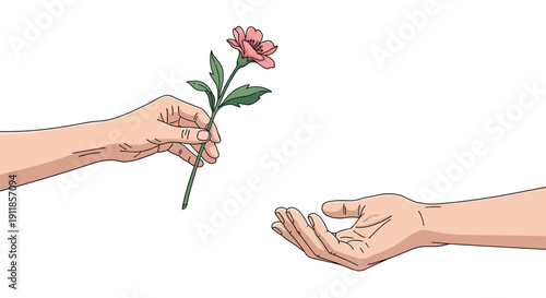 A hand offering a single pink flower to another outstretched hand