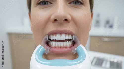 Close up of woman using dental retractor for teeth whitening