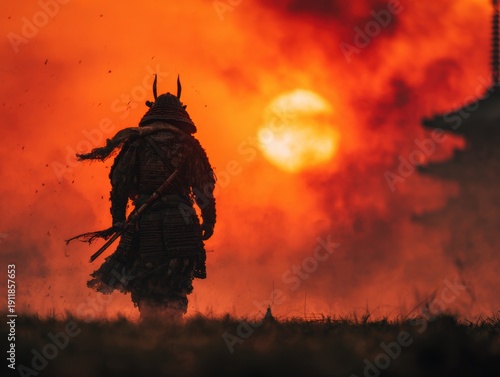 Silhouette of a samurai standing on the battlefield at sunset Dramatic background.夕日の戦場に立つ侍のシルエット 劇的な背景