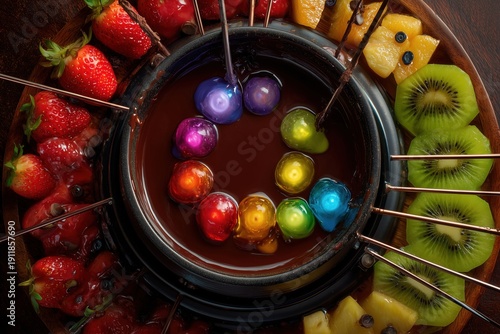 Chocolate fondue with electronic fruit skewers in vivid hues.