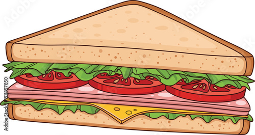 A cartoon sandwich with lettuce, tomato, cheese, and ham on whole wheat bread