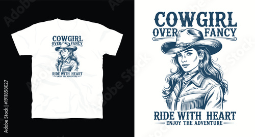 Cowgirl over fancy ride with heart enjoy adventure vintage tshirt design