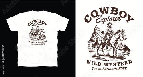 Cowboy explorer wild western landscape mountain rider vintage tshirt art