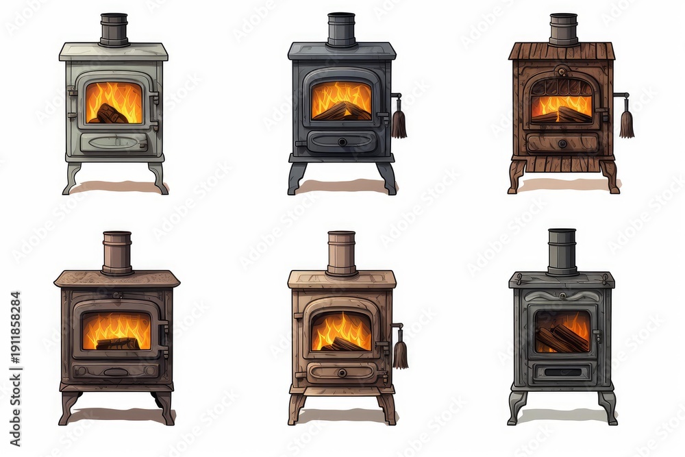 Fototapeta premium Collection of vintage style wood burning stoves with glowing fire inside