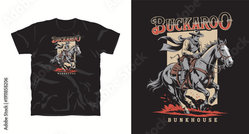 Buckaroo graphic with cowboy on horse vintage style vector illustration for t-shirt design on black background