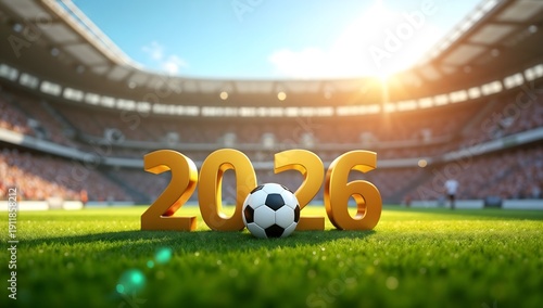 Golden 2026 Symbol with Soccer Ball on Stadium Grass Celebrating Achievement